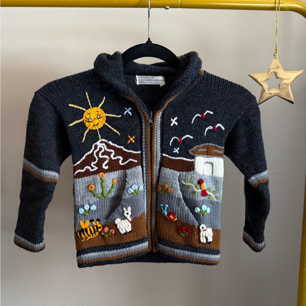 Handmade Peru Baby Zip Sweater 12-18M Embroidered Hooded Cardigan